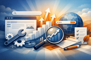 A stylized illustration representing Search Engine Optimization (SEO) concepts, featuring a magnifying glass over a rising bar chart, a globe, a website interface mockup, gears, a wrench, a checklist, and upward-pointing arrows against a bright, sunburst background.