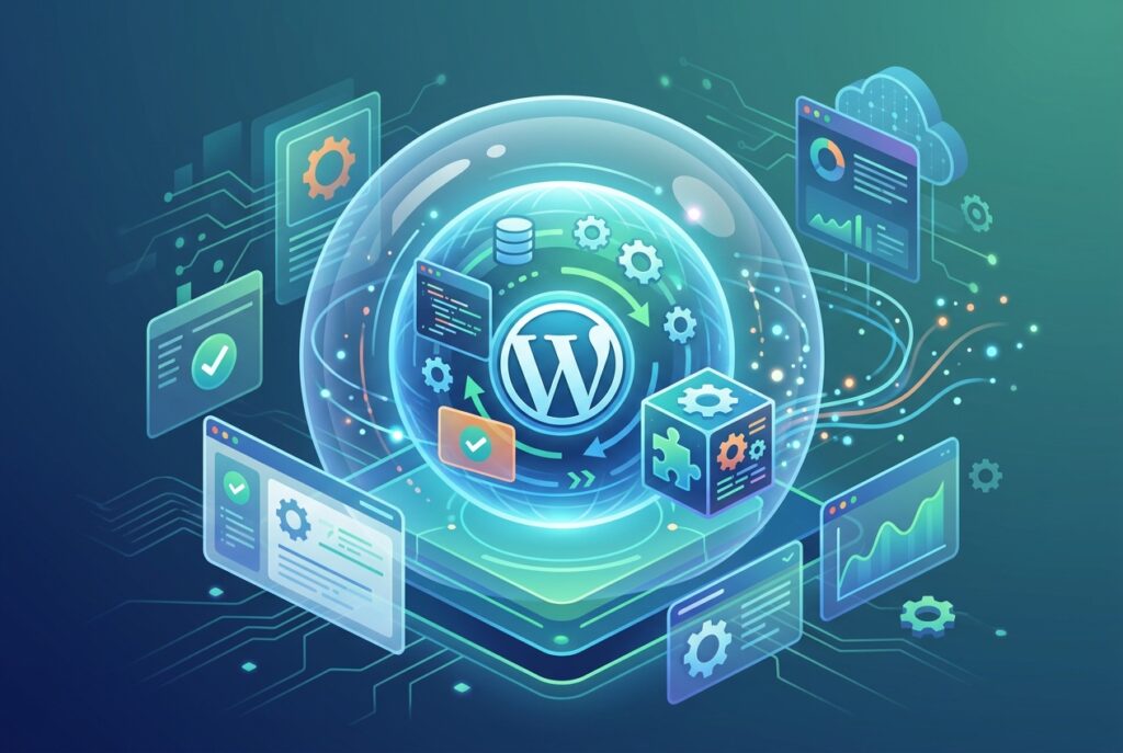 A digital illustration featuring a glowing WordPress logo inside a protective glass sphere, surrounded by floating interface panels, data charts, and gear icons, representing secure plugin testing and management.