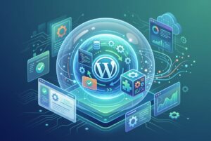 A digital illustration featuring a glowing WordPress logo inside a protective glass sphere, surrounded by floating interface panels, data charts, and gear icons, representing secure plugin testing and management.