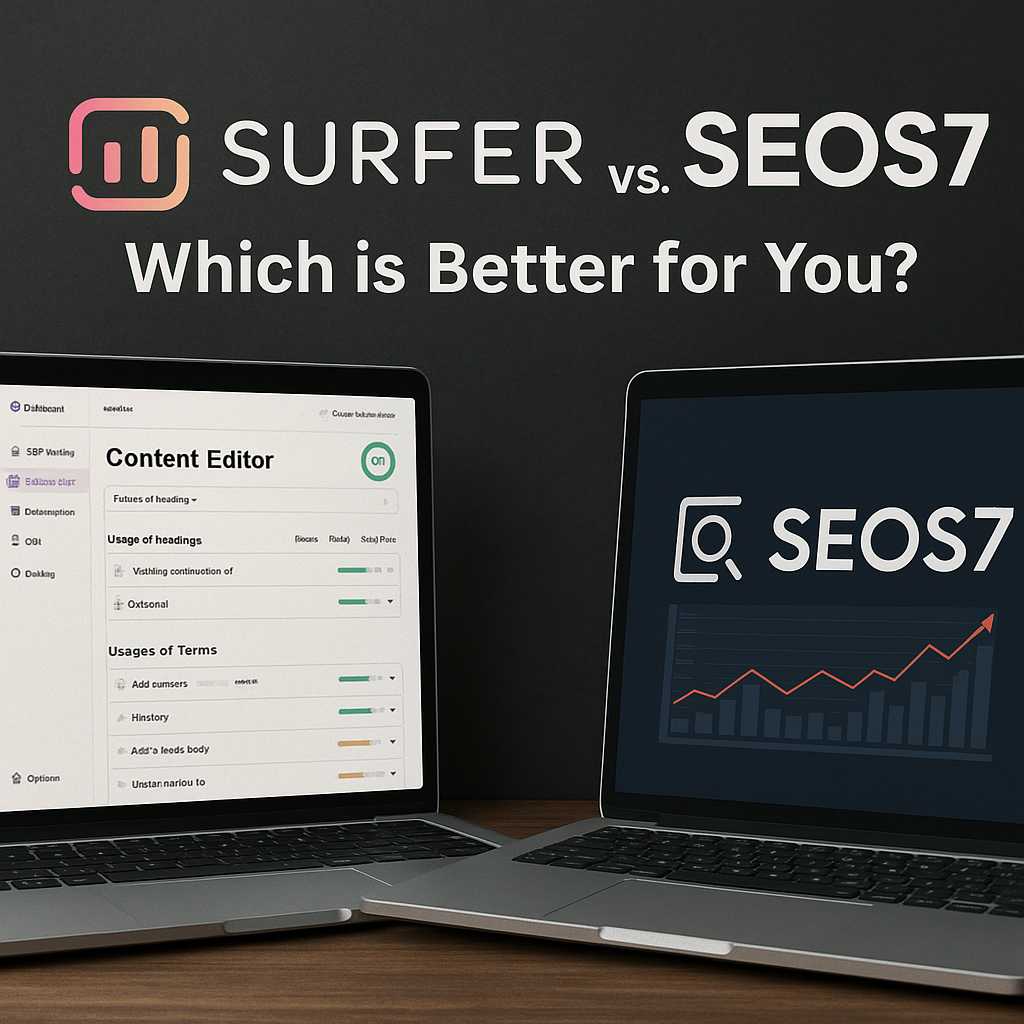 Two laptops side-by-side on a wooden desk. The left laptop displays the Surfer SEO Content Editor interface with keyword and heading suggestions, while the right laptop shows the SEOS7 logo and a rising growth chart.