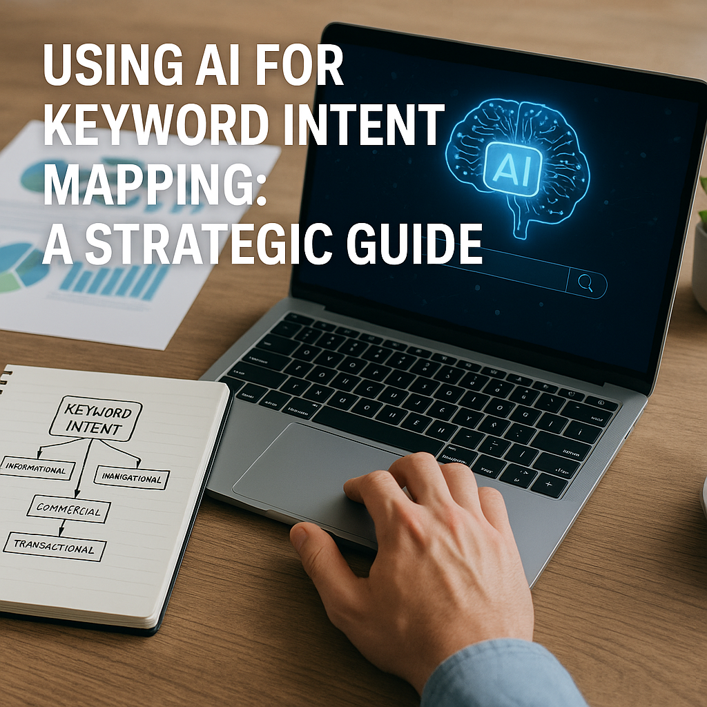 A person using a laptop on a wooden desk next to a notebook displaying a flowchart of keyword intent categories, including informational, navigational, commercial, and transactional, with a digital AI brain graphic on the laptop screen.