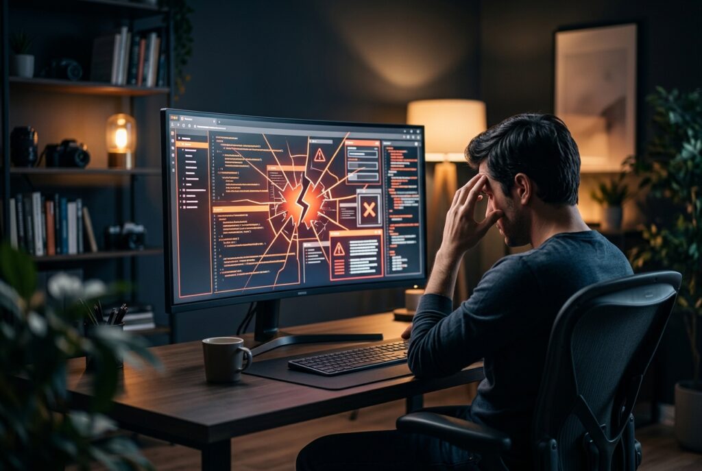 A frustrated developer sitting at a desk in a dimly lit room, looking at a large computer monitor displaying broken code and error warning icons.