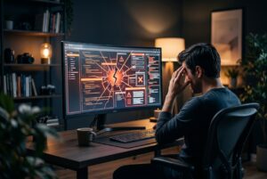 A frustrated developer sitting at a desk in a dimly lit room, looking at a large computer monitor displaying broken code and error warning icons.