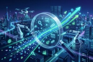 A futuristic digital illustration showing a large magnifying glass focusing on a network of data icons, surrounded by robotic arms, drones, and glowing data streams flowing through a high-tech smart city at night.