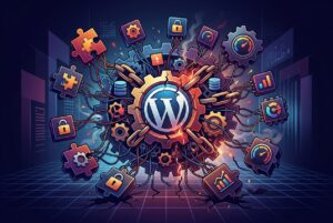 A stylized digital illustration of a WordPress logo at the center of a large, cracked gear. The central gear is connected by wires to various floating icons representing plugins, such as locks, puzzle pieces, speedometers, and charts, suggesting a complex and potentially unstable system.
