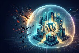 A stylized digital illustration of a futuristic city structure inside a glowing protective energy shield, with the WordPress logo at its center and debris exploding against the exterior of the shield, symbolizing website security.