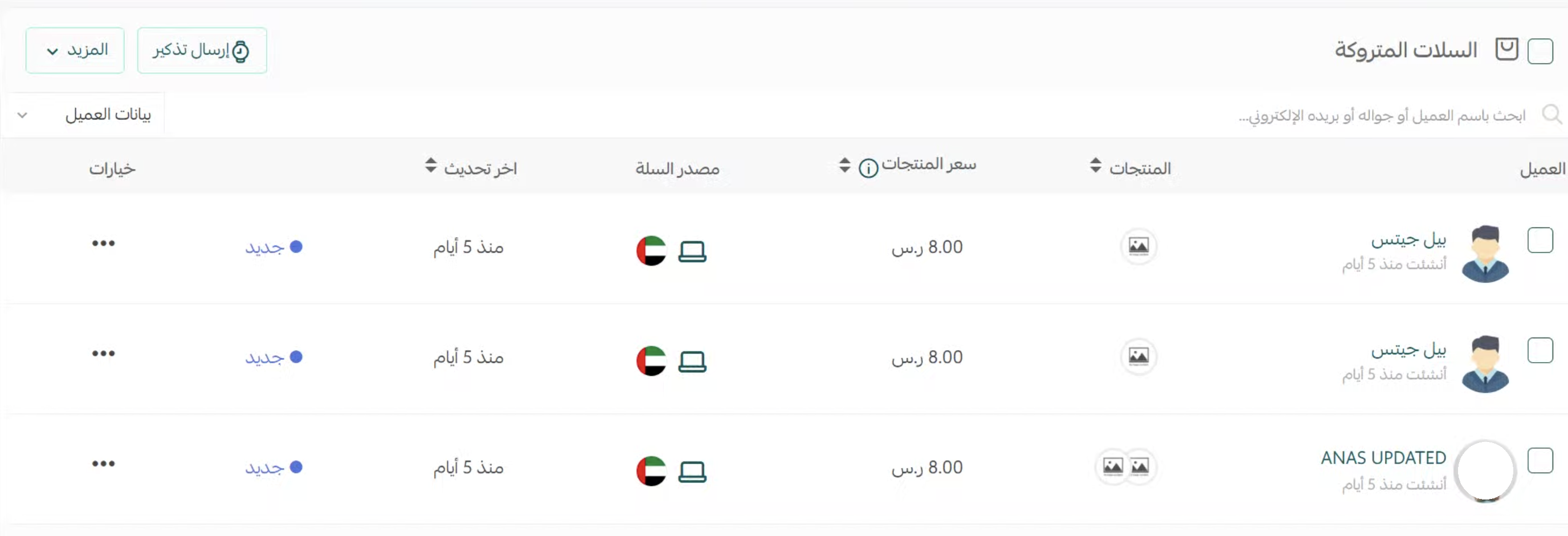 صفحة السلات المتروكة في لوحة تحكم سلة