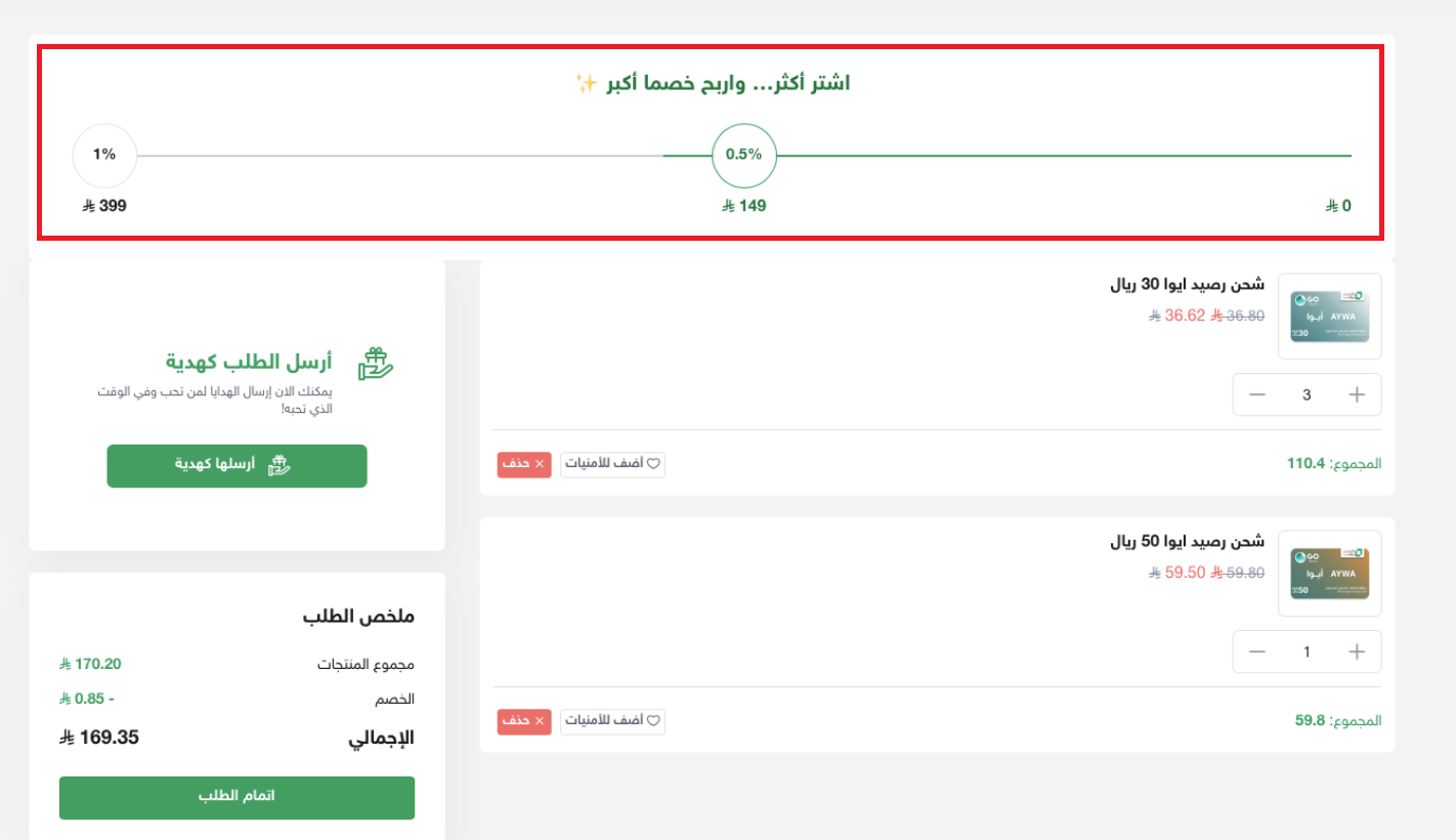 Cart offer progress bar on the Salla checkout page with the discount shown in the order summary
