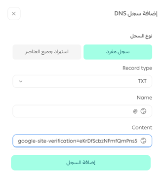 Entering TXT record data for verification in Salla