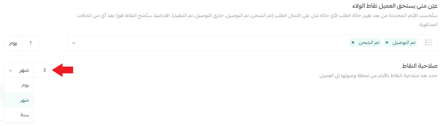 Setting the loyalty point expiry period in days and months