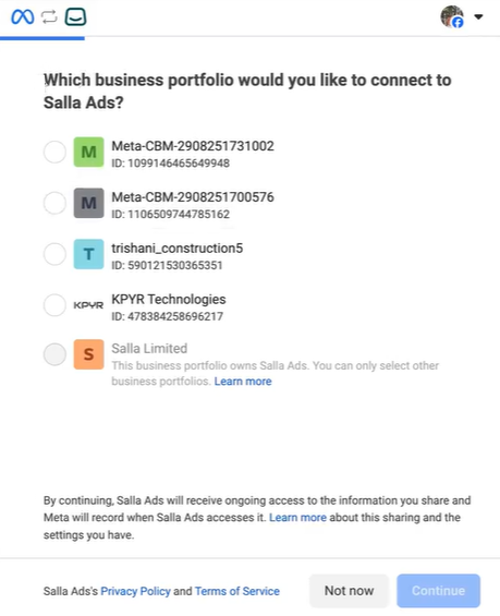 Selecting the Business Manager account when connecting to Meta