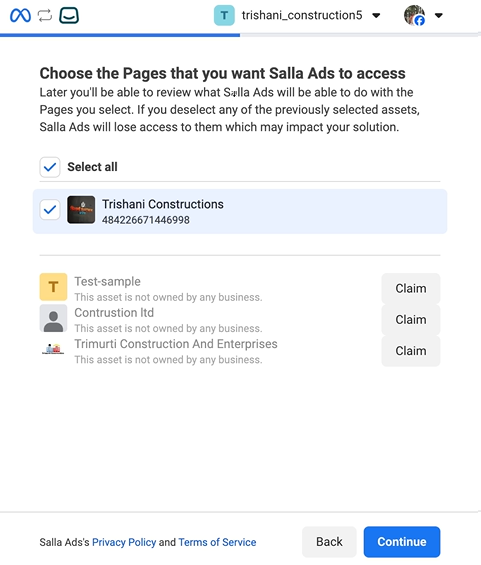 Selecting the ad account when connecting to Meta