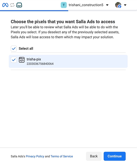 Selecting the Pixel when connecting to Meta