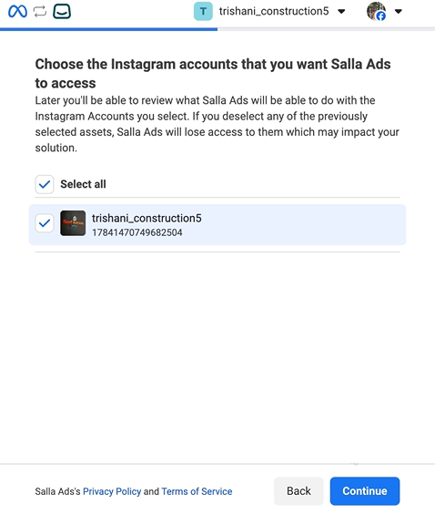 Selecting the Instagram account when connecting to Meta