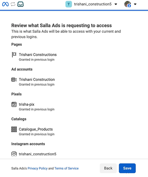 Reviewing Meta connection permissions and saving