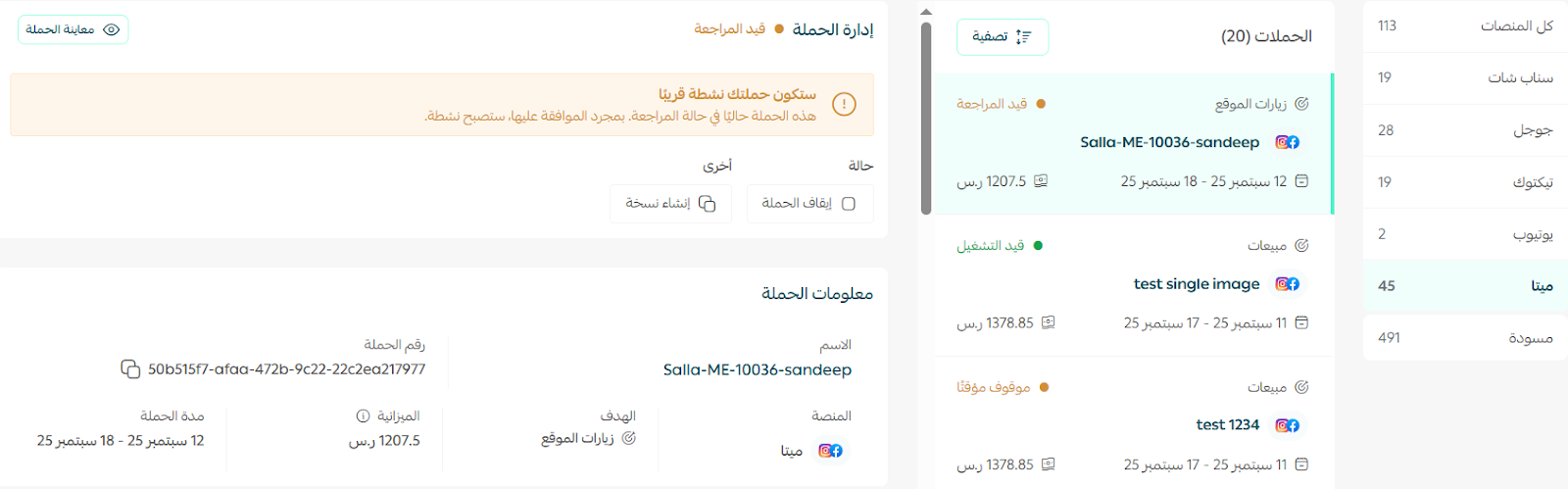 The campaign shown under the ads management tab in Salla