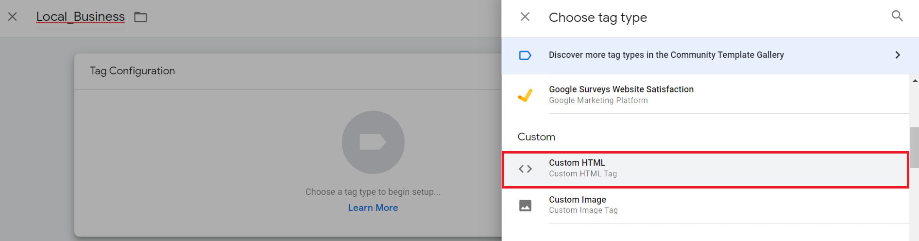 اختيار Custom HTML كنوع للوسم في GTM