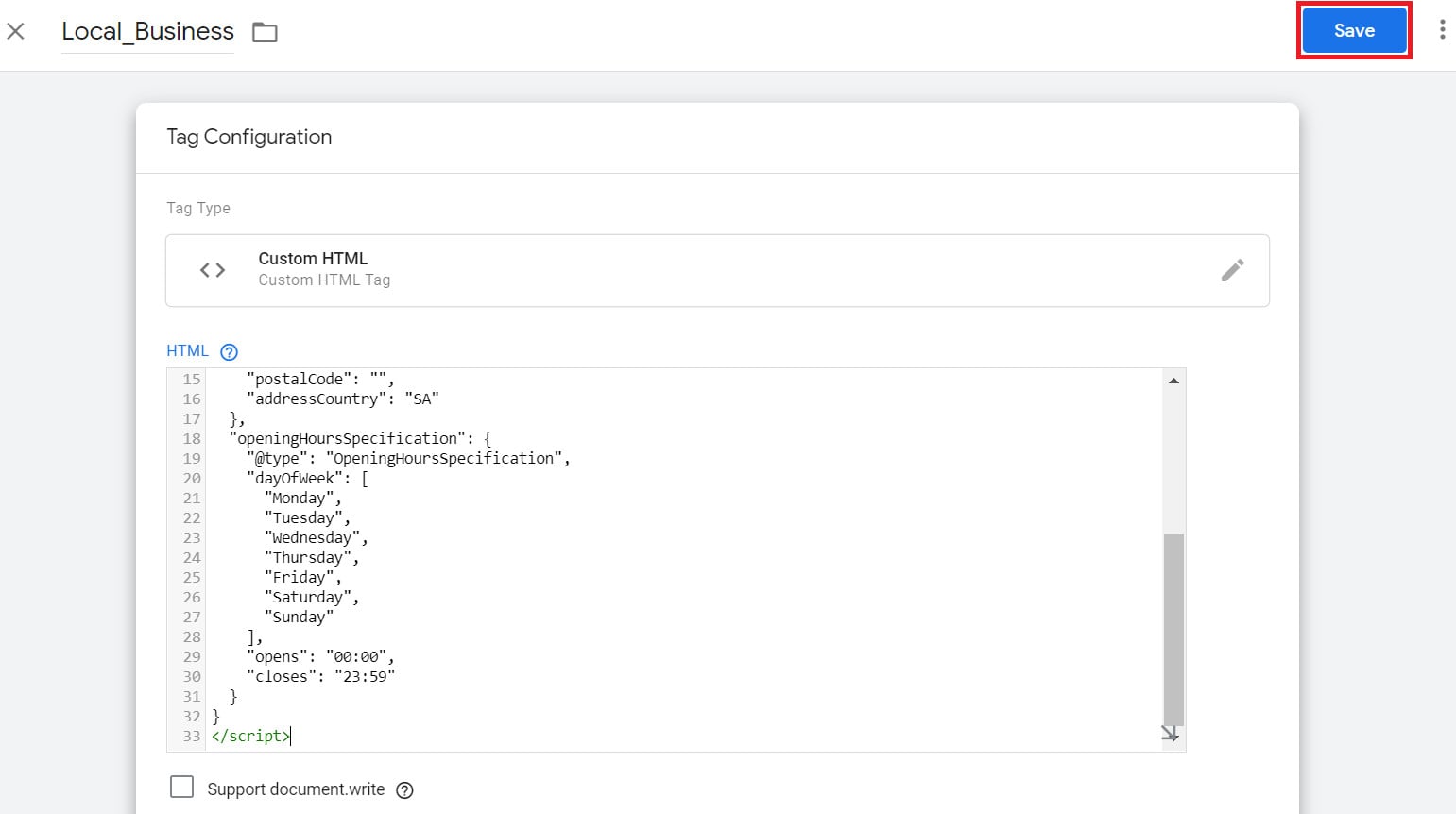 حفظ وسم HTML المخصص في GTM