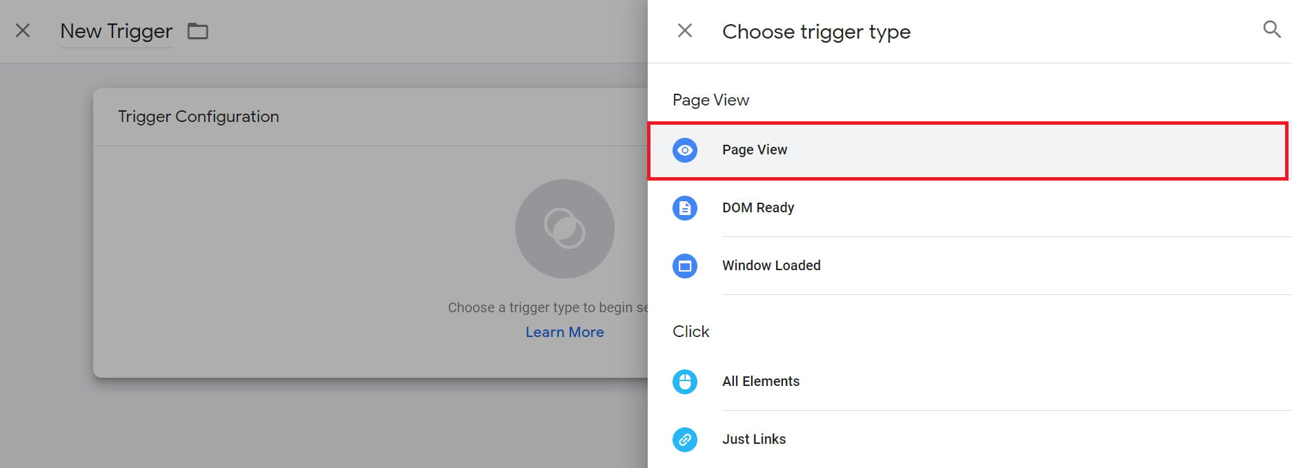 اختيار Page View كنوع للمشغّل في GTM