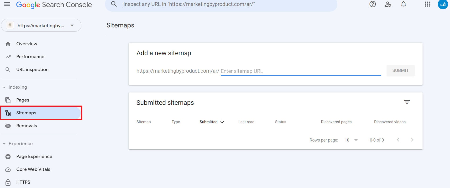Sitemaps section in Google Search Console