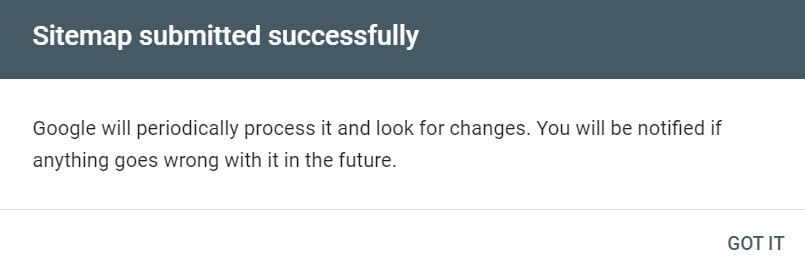 Sitemap submission success message in Search Console